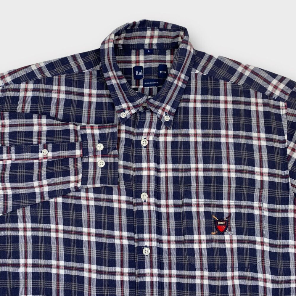VINTAGE Ralph Lauren Shirt Mens Large Polo Golf Crest Logo Check Navy Red Preppy - Picture 2 of 15